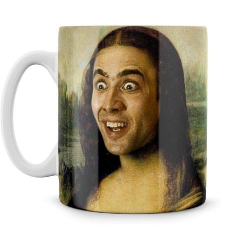 Taza de la Mona Lisa con la cara de Nicolas Cage