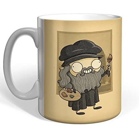 Taza con caricatura y frase de Leonardo da Vinci